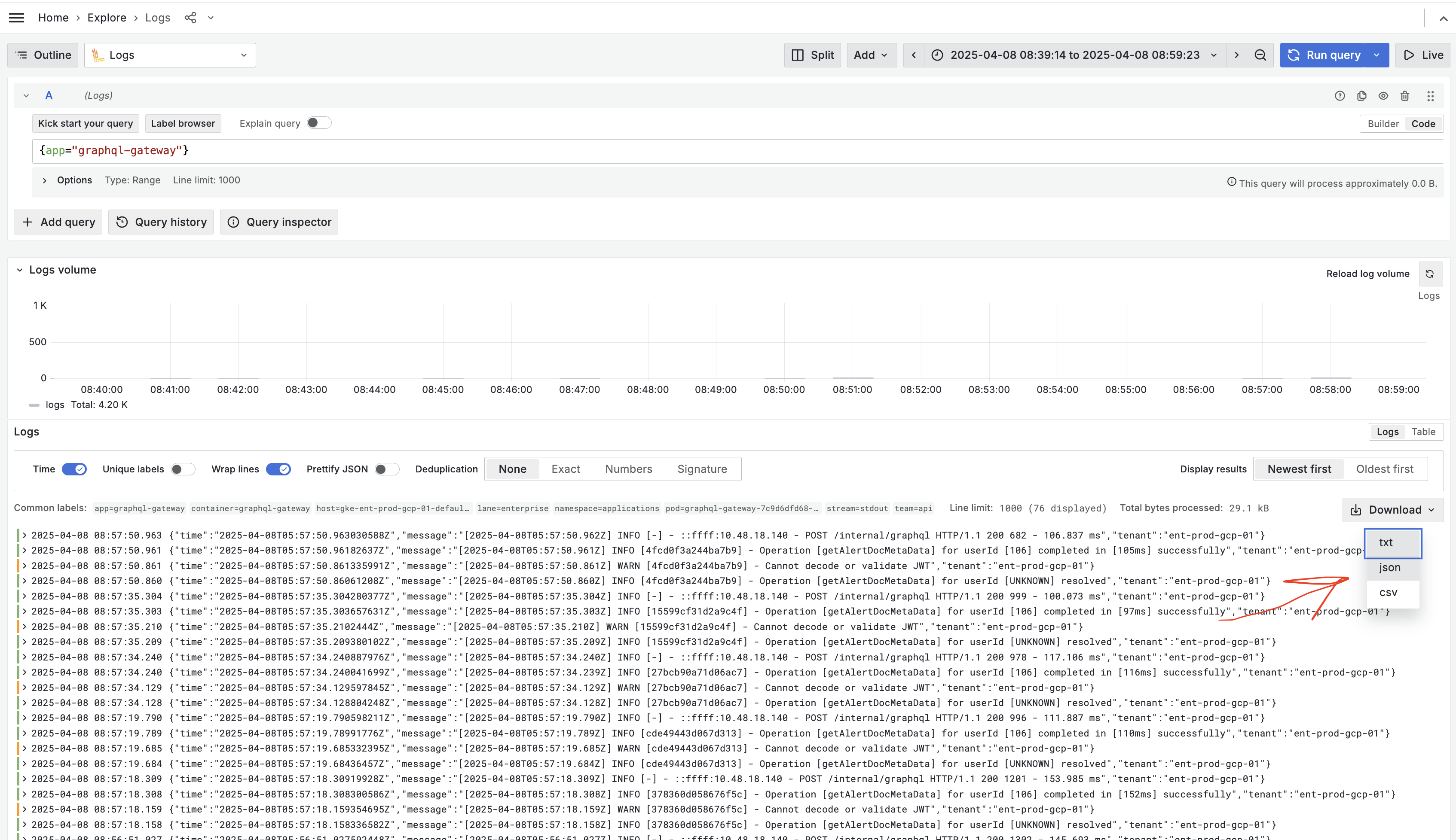 Log query on Grafana Explore